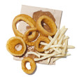 "Onion rings and french fries on paper bag, view from above, studio shot"