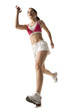 "Young woman running, on white background"