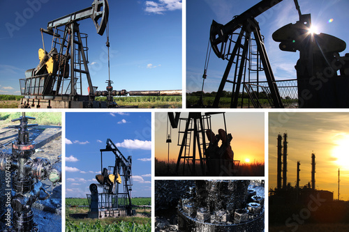 Photo: Oil Pump Jack and refinery split screen Oil Pump Jack and refinery split screen