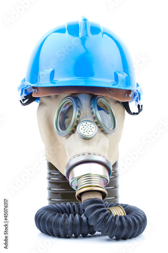 Photo: gas mask with blue helmet on white background gas mask with blue helmet on white background