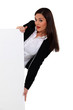 Brunette woman behind a white panel
