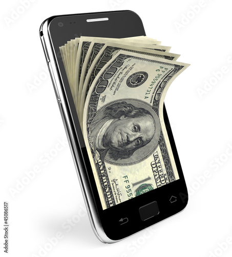 Photo: Smart phone with money concept. Dollars. Smart phone with money concept. Dollars.