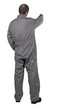 Back of worker man pointing up isolated on white background