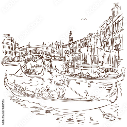 Vector: Venice - Grand Canal. View of the Rialto Bridge. Vector sketch Venice - Grand Canal. View of the Rialto Bridge. Vector sketch
