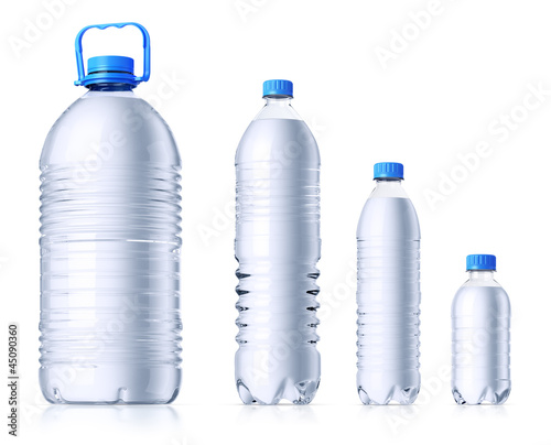 Photo: Group of plastic bottles with water. Isolated on white. Group of plastic bottles with water. Isolated on white.