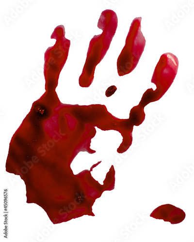 Photo: Bloody hand stamp. Isolated on white. Clipping path Bloody hand stamp. Isolated on white. Clipping path