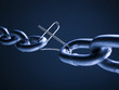 Chain linked with broken paper clip against blue background