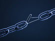 Chain linked with broken paper clip against blue background