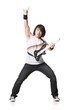 "Young man playing guitar video game, portrait"