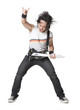 "Young man playing guitar video game, portrait"