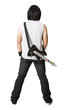 "Young man playing guitar video game, portrait"