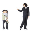 "Studio shot of mother talking to sons (18-23 months, 8-9 years)"