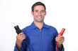 man car mechanic with alligator clips