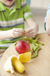 USA, Utah, Boy (4-5) picking peas from pods