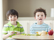 USA, Utah, Portrait of two boys (4-5, 6-7) at kitchen table