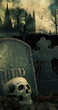 Photo: Night scene in graveyard with skull and graves Night scene in graveyard with skull and graves