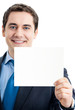 Businessman with signboard, isolated