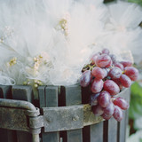 Photo: "USA, Utah, Salt Lake City, Close-up on red grapes in wooden barrel with tulle decoration" "USA, Utah, Salt Lake City, Close-up on red grapes in wooden barrel with tulle decoration"