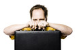 man hiding behind his briefcase