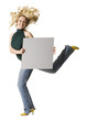 woman jumping with sign