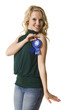 woman with blue ribbon