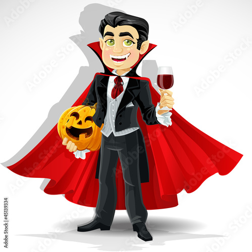 Vector: Charming vampire with Halloween pumpkin and a glass of blood Charming vampire with Halloween pumpkin and a glass of blood