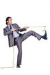 Businessman pulling rope on white