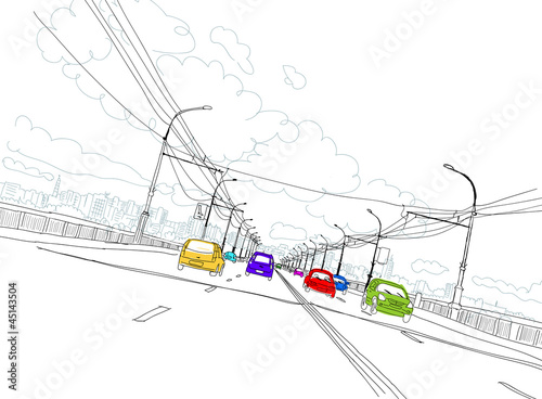 Vector: Sketch of traffic road in city for your design Sketch of traffic road in city for your design