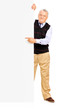 Full length portrait of a gentelman pointing on a banner