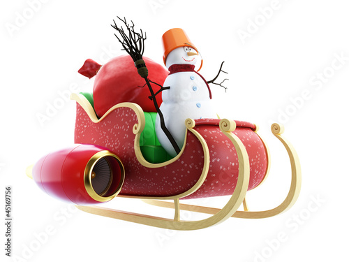 Illustration: santa sleigh and Santa's Sack with Gifts snowman santa sleigh and Santa's Sack with Gifts snowman