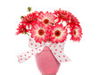 Dahlia en gerber flowers bouquet in a pink pot with dotted ribbo