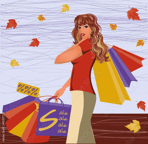 Vector: Autumn shopping girl, vector illustration Autumn shopping girl, vector illustration