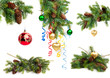Branch of Christmas tree and decoration on white background