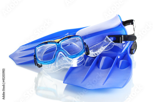 Photo: blue flippers and mask isolated on white. blue flippers and mask isolated on white.