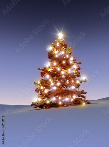 Illustration: Geschmückter, verschneiter Weihnachtsbaum 3D Geschmückter, verschneiter Weihnachtsbaum 3D