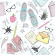 Vector: Cute school abstract pattern. Seamless pattern with shoes, bags, Cute school abstract pattern. Seamless pattern with shoes, bags,