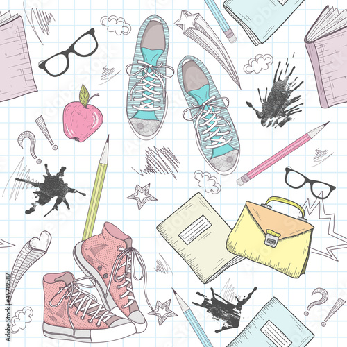 Vector: Cute school abstract pattern. Seamless pattern with shoes, bags, Cute school abstract pattern. Seamless pattern with shoes, bags,