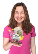 Young cheerful woman with mini shopping cart
