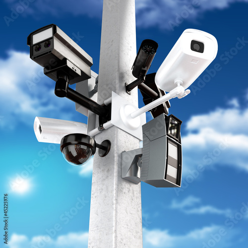 Illustration: Surveillance mega camera's concept with a sky background Surveillance mega camera's concept with a sky background
