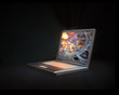 Illustration: Open laptop with a gear and cog wheel screen Open laptop with a gear and cog wheel screen