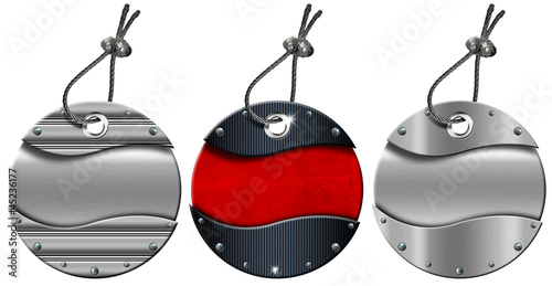Illustration: Set of Grunge Circular Metal Tags - 3 items Set of Grunge Circular Metal Tags - 3 items