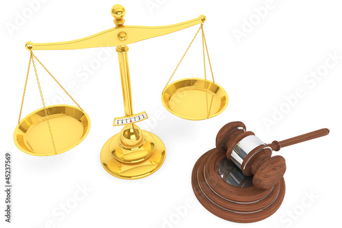 Illustration: Justice gold scale and wooden gavel Justice gold scale and wooden gavel