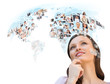 Young successful woman looking at worldmap with profile photos o