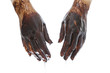 Hands stained with black oil isolated on white background