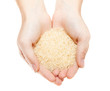 Hands with heap of rice isolated on white background
