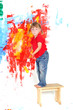 young happy child girl painting white wall with colors