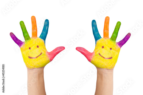 Photo: two hands with smile painted different colors of child as logo two hands with smile painted different colors of child as logo