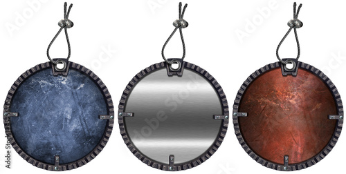 Illustration: Set of Grunge Circular Metal Tags - 3 items Set of Grunge Circular Metal Tags - 3 items