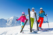 Skiing, winter - happy skiers on mountainside