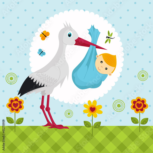 Vector: stork with a baby boy in a bag stork with a baby boy in a bag